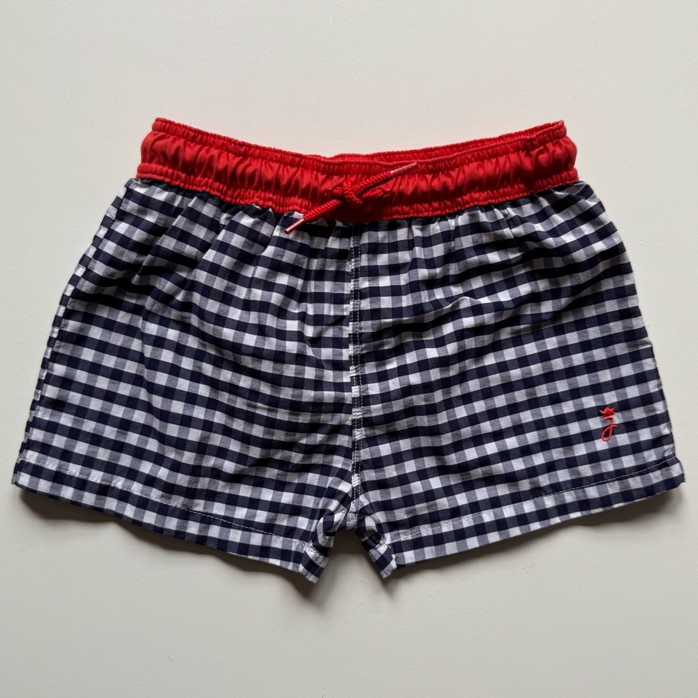 Jacadi Boys Blue & White Gingham Swim Shorts with Orange Trim - Size 6M